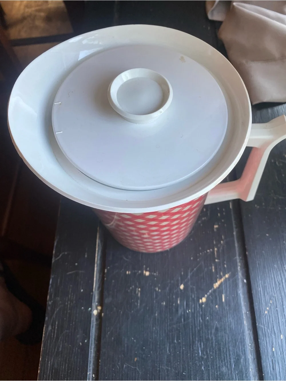 Tupperware Red Gingham Insulated Pitcher with White Lid